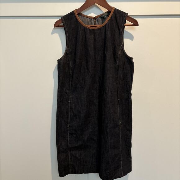 Lauren Ralph Lauren Dress Womens 10 Denim Sleeveless Sheath Leather Trim Pockets - Picture 1 of 13